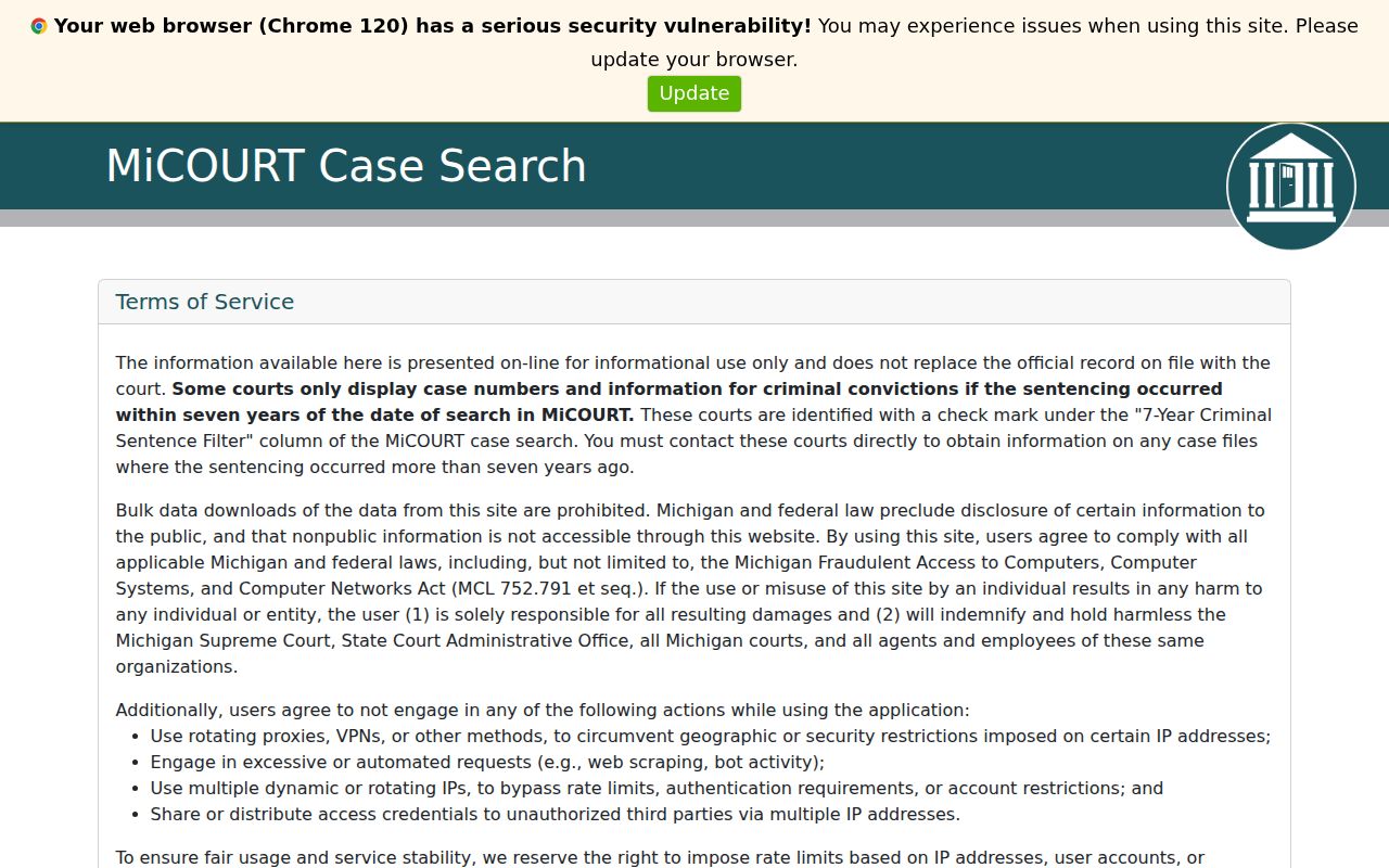 MiCOURT search interface for Saginaw County criminal court cases